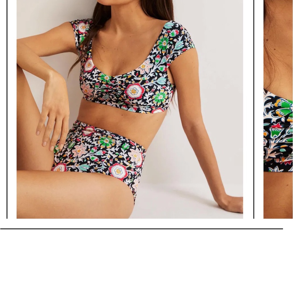 Boden Black Multi Floral Scoop Crop Bikini Top with High-Waist Bottoms
